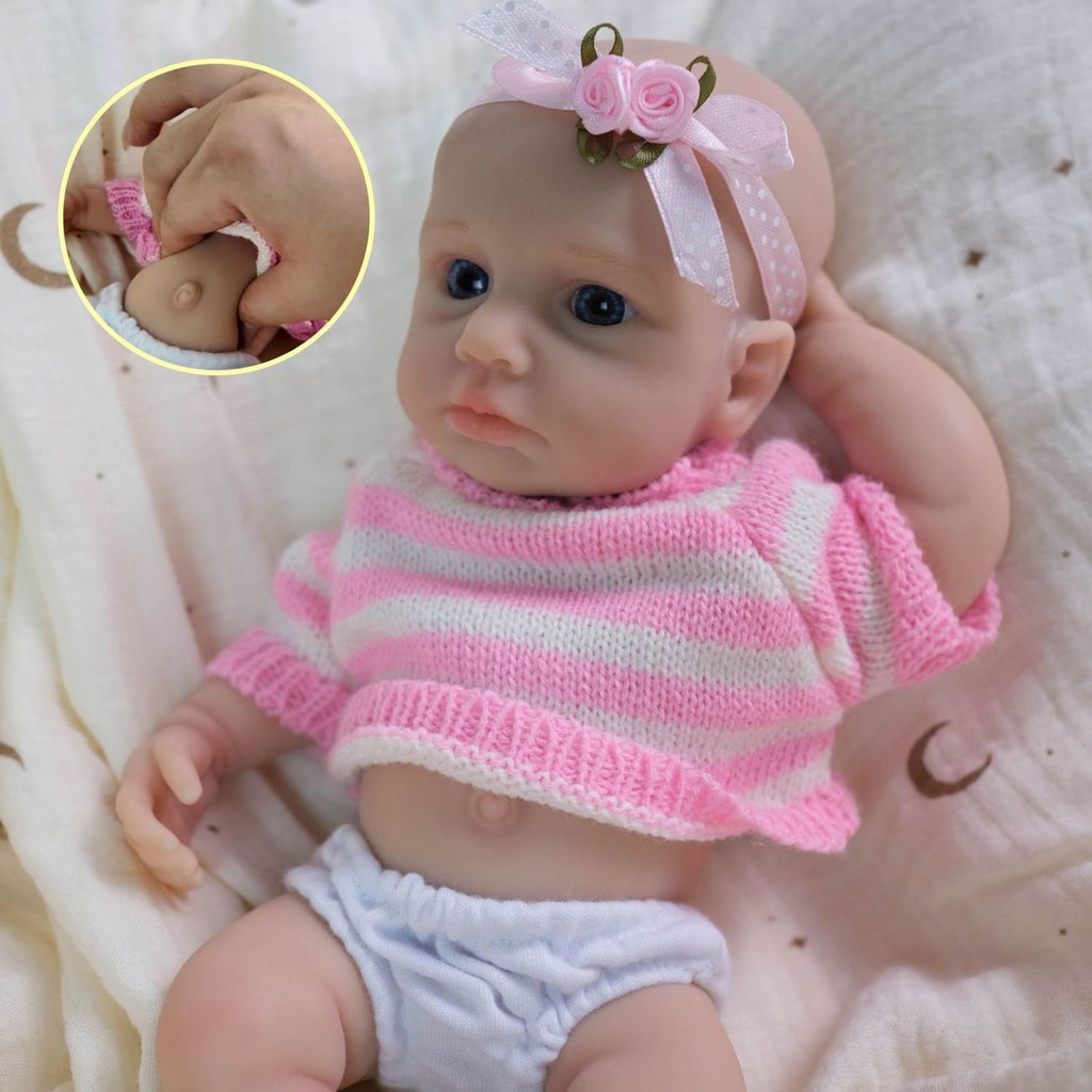 Lulu May 20cm Full Solid Silicone Reborn Baby Doll, Stretchable Limbs, Pink Striped Knit Outfit Included