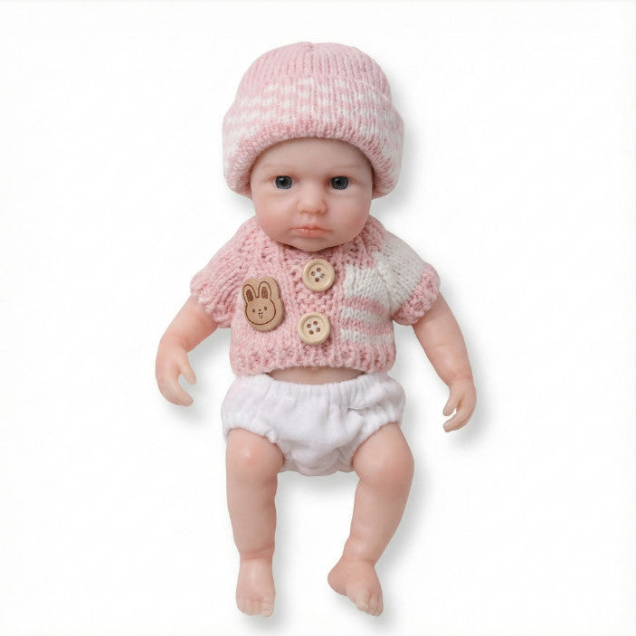 Luna Belle Muñeca Bebé Reborn de Silicona Sólida de 20cm ✨ Extremidades Estirables, Ojos Acrílicos de Taiwán, Traje de Conejito de Punto Rosa Incluido