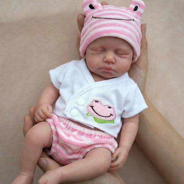 Lily Pad 12" Full Solid Silicone Sleeping Reborn Baby Doll ✨ Hand-Rooted Lashes, Ultra Soft Stretchable Limbs, Pink Frog Outfit Included