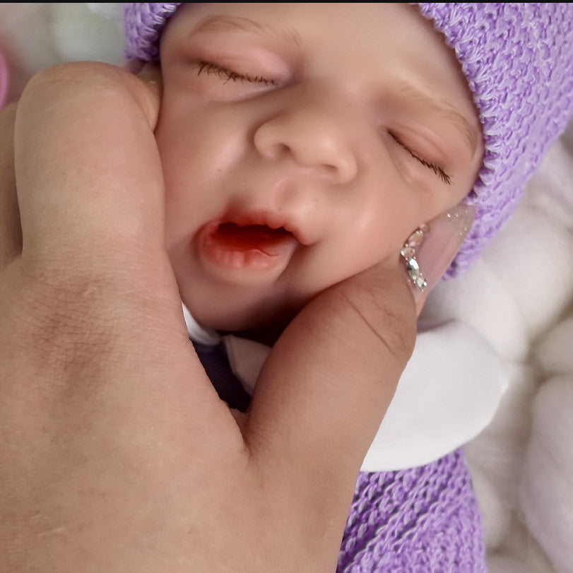 Lavender Bloom 12" Full Solid Silicone Open-Mouth Sleeping Reborn Baby Doll ✨ Stretchable Limbs, Washable, Purple Floral Knit Outfit Included