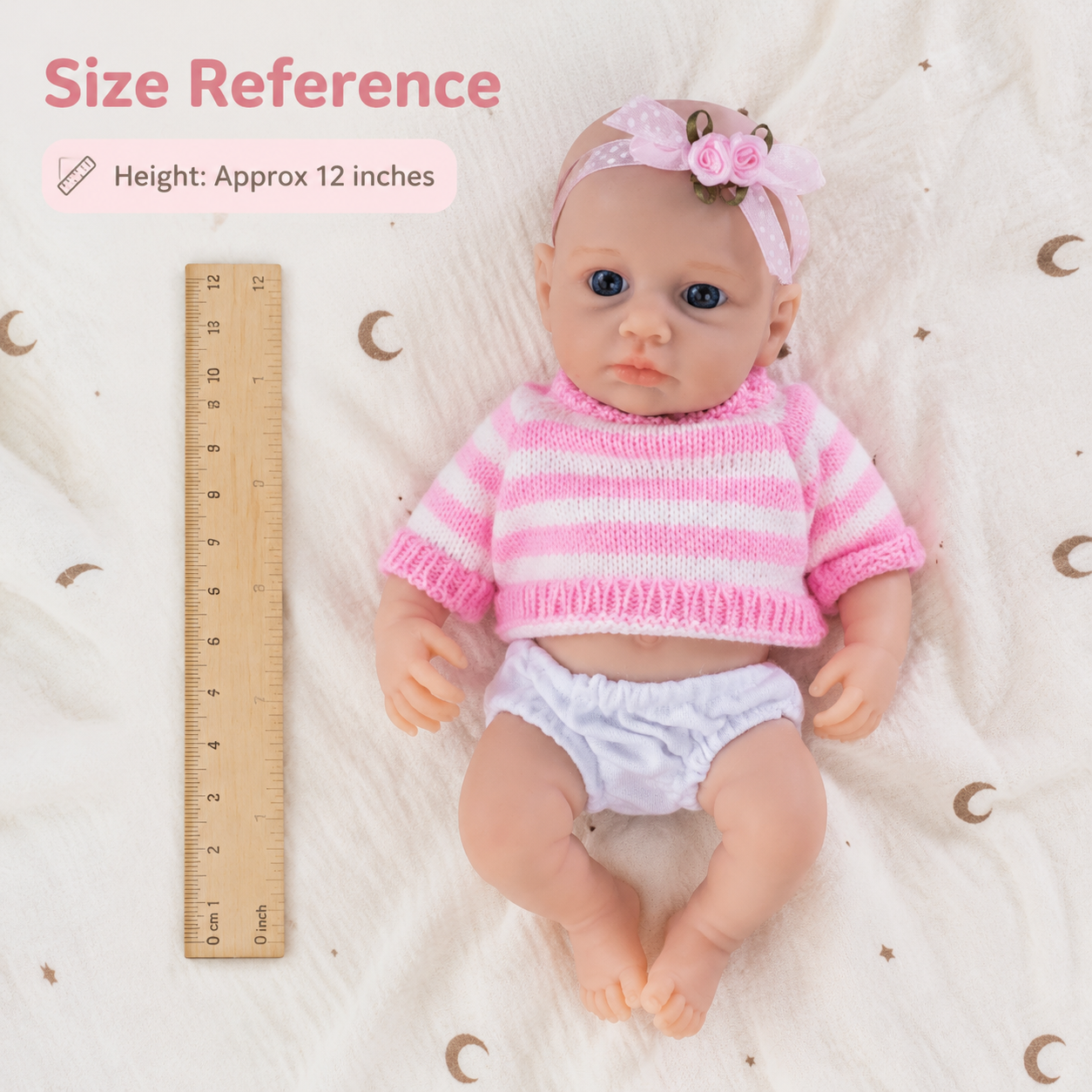 Lulu May 20cm Full Solid Silicone Reborn Baby Doll, Stretchable Limbs, Pink Striped Knit Outfit Included