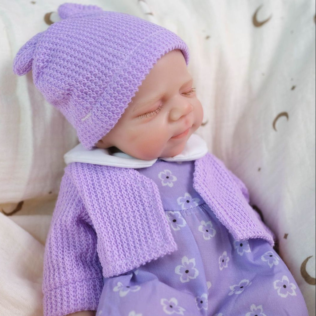 Lavender Bloom 12" Full Solid Silicone Open-Mouth Sleeping Reborn Baby Doll ✨ Stretchable Limbs, Washable, Purple Floral Knit Outfit Included