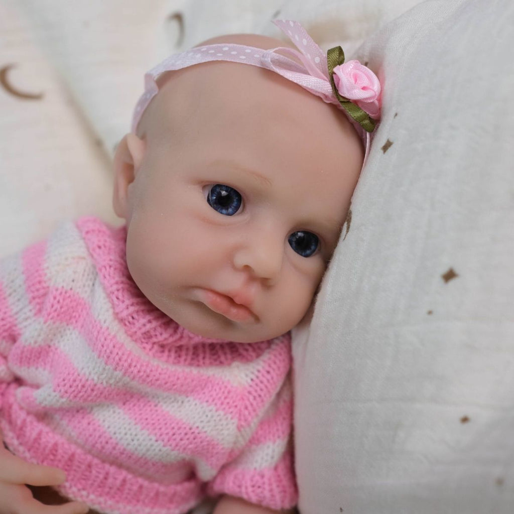 Lulu May 20cm Full Solid Silicone Reborn Baby Doll, Stretchable Limbs, Pink Striped Knit Outfit Included