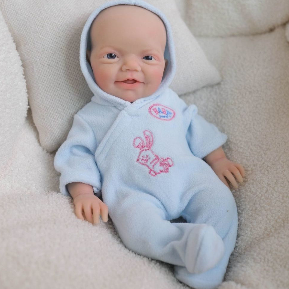 Blue Bunny 20cm Full Solid Silicone Reborn Baby Doll, Cute Hooded Rabbit Outfit Included