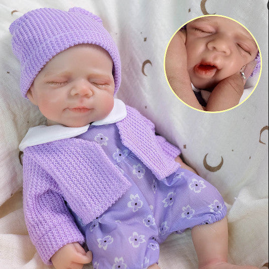 Lavender Bloom 12" Full Solid Silicone Open-Mouth Sleeping Reborn Baby Doll ✨ Stretchable Limbs, Washable, Purple Floral Knit Outfit Included