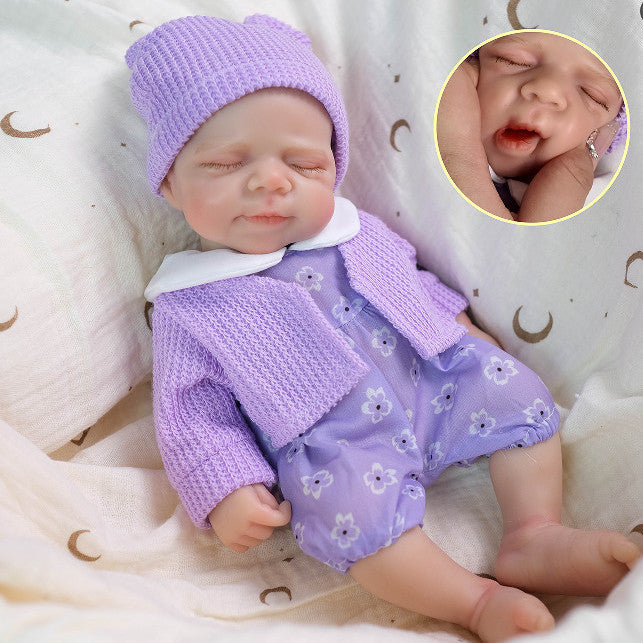 Lavender Bloom 12" Full Solid Silicone Open-Mouth Sleeping Reborn Baby Doll ✨ Stretchable Limbs, Washable, Purple Floral Knit Outfit Included