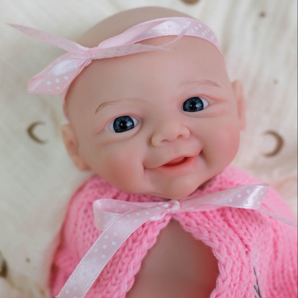 Daisy Mae 12" Full Solid Silicone Open-Mouth Girl Reborn Baby Doll ✨ Stretchable Limbs, Washable, Pink Knit Bow Outfit Included