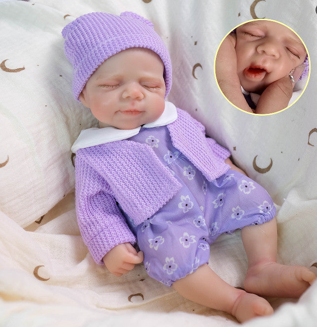 Lavender Bloom 12" Full Solid Silicone Open-Mouth Sleeping Reborn Baby Doll ✨ Stretchable Limbs, Washable, Purple Floral Knit Outfit Included