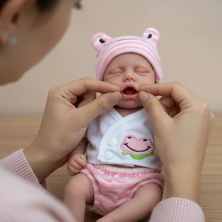Muñeca Bebé Reborn de Silicona Sólida Completa Lily Pad de 12" para Dormir ✨ Pestañas Implantadas a Mano, Extremidades Elásticas Ultra Suaves, Traje de Rana Rosa Incluido