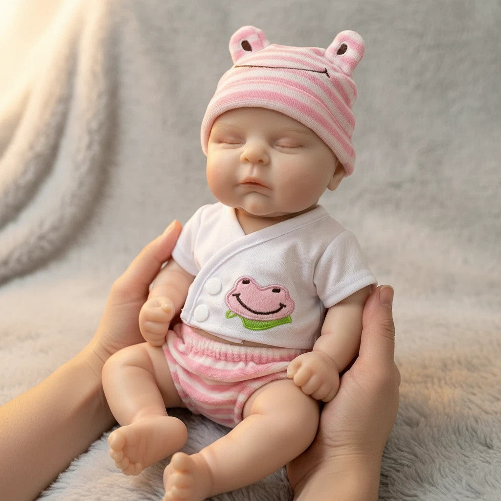 Froggy Mae 12" Full Solid Silicone Reborn Baby Doll Stretchable Limbs, Frog Outfit Included