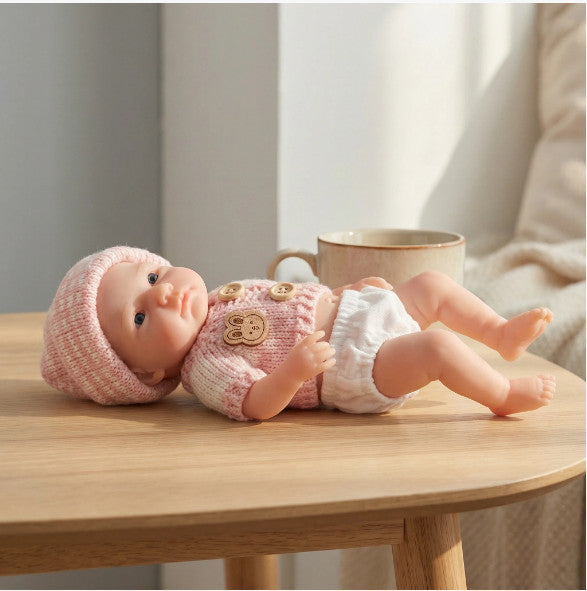 Luna Belle 20cm Full Solid Silicone Reborn Baby Doll ✨ Stretchable Limbs, Taiwan Acrylic Eyes, Pink Bunny Knit Outfit Included