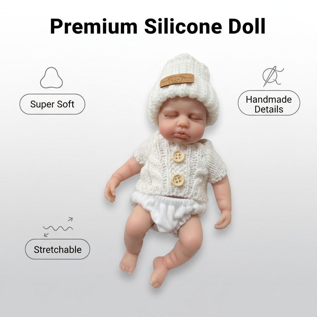 Oliver James 20cm Mini Full Solid Silicone Reborn Baby Doll Washable, Stretchable Limbs, Closed Eyes Sleeping Newborn, White Knit Outfit Included