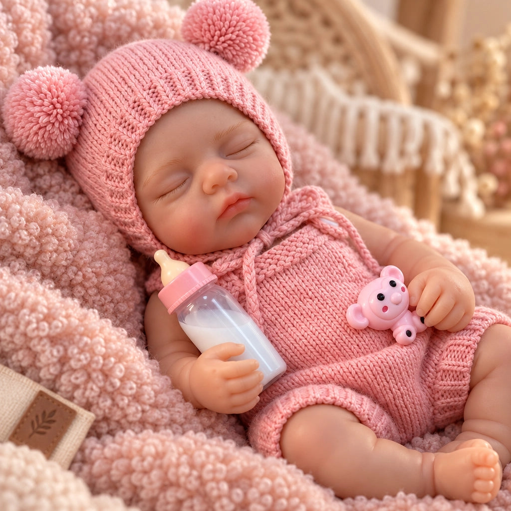 Rosie – Full Body Silicone Reborn Baby Girl Doll 12" Sleeping Weighted Realistic Newborn with Pacifier & Bottle Gift [Ships Within 48 Hours]