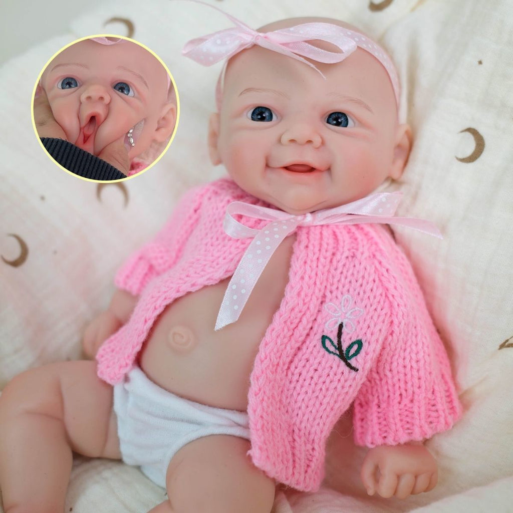 Muñeca bebé reborn de silicón sólido de 12 pulgadas Daisy Mae con boca abierta ✨ Extremidades elásticas, lavable, incluye conjunto de lazo de punto rosa