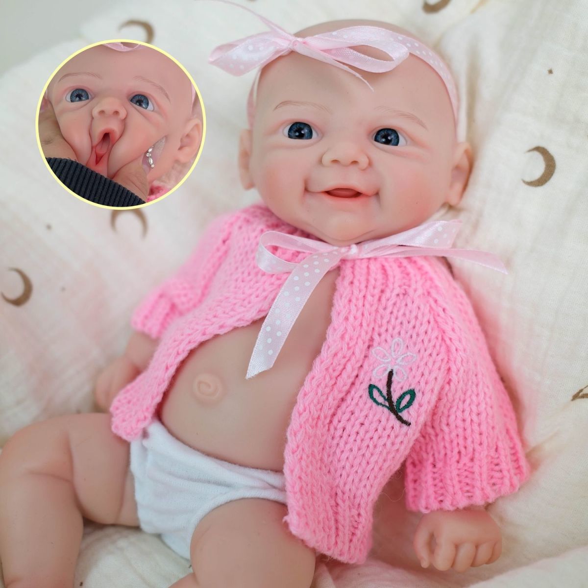 Daisy Mae 12" Full Solid Silicone Open-Mouth Girl Reborn Baby Doll ✨ Stretchable Limbs, Washable, Pink Knit Bow Outfit Included