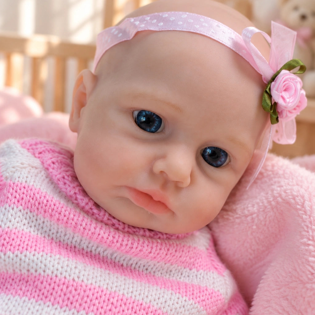[Ships Within 48 Hours] Lulu 8" Full Solid Silicone Reborn Baby Doll, Stretchable Limbs, Pink Striped Knit Outfit Included