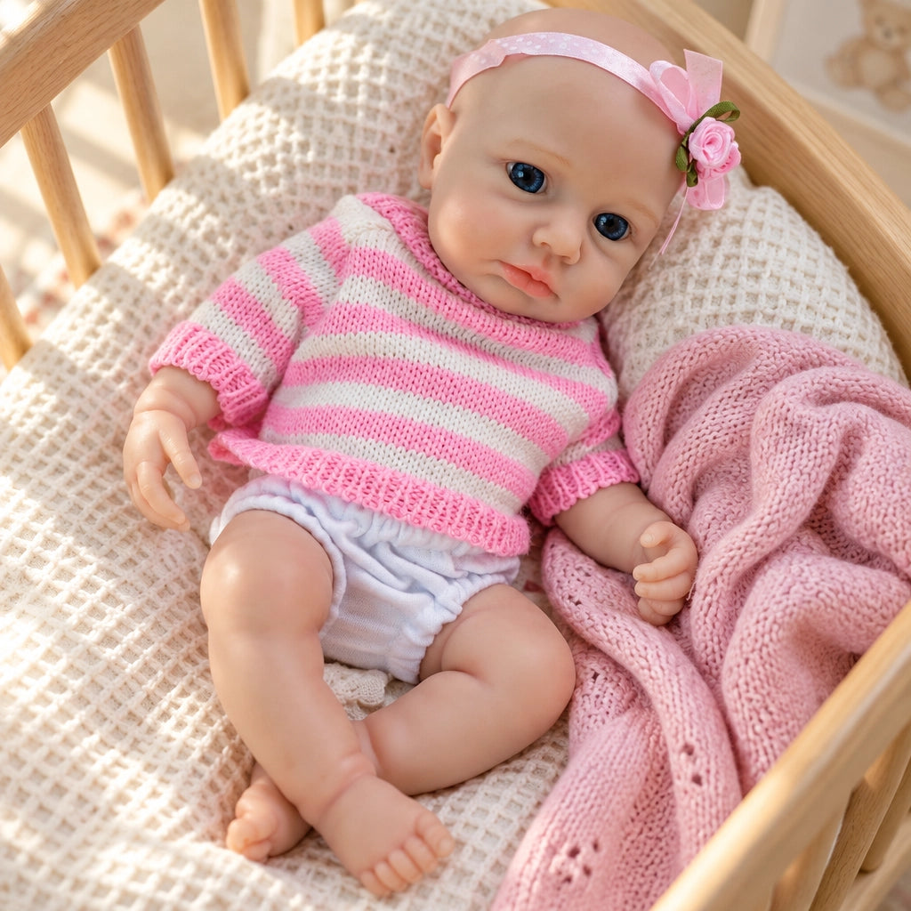 [Ships Within 48 Hours] Lulu 8" Full Solid Silicone Reborn Baby Doll, Stretchable Limbs, Pink Striped Knit Outfit Included