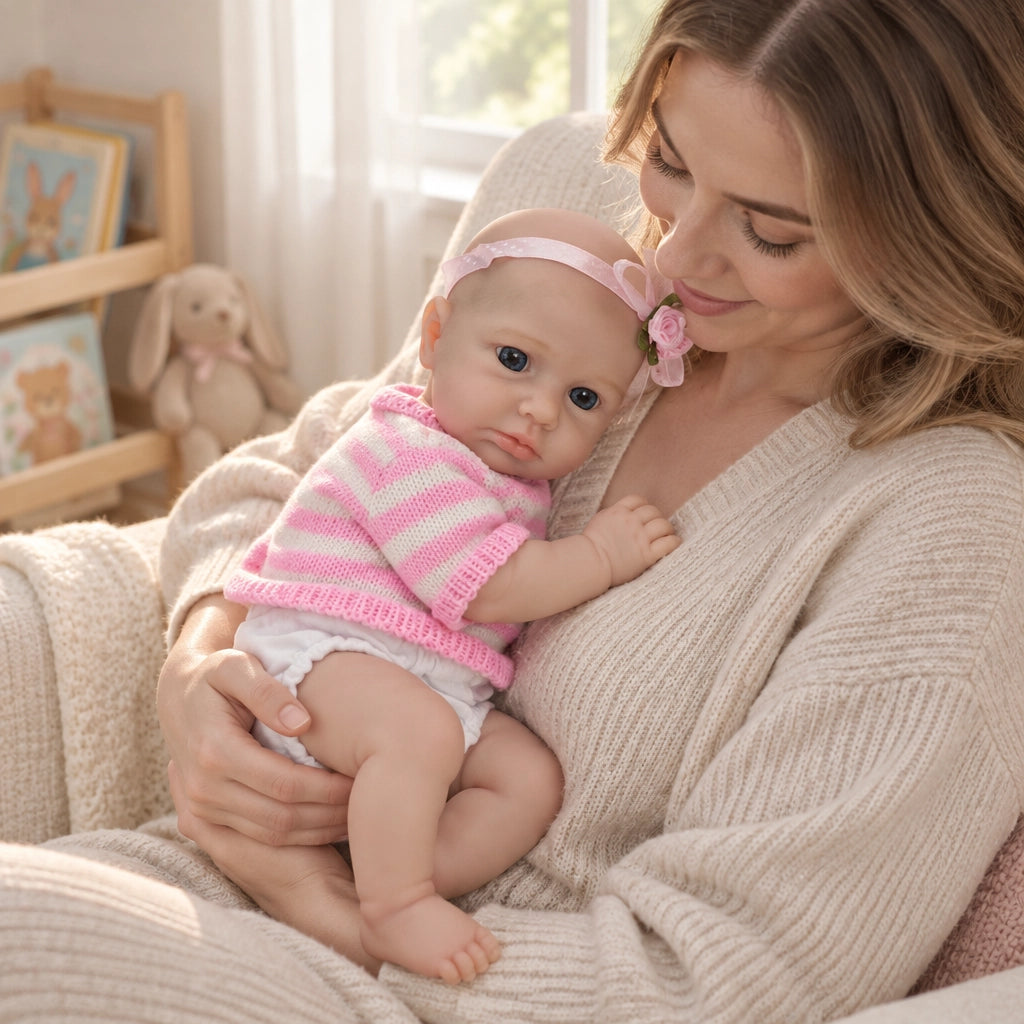 [Ships Within 48 Hours] Lulu 8" Full Solid Silicone Reborn Baby Doll, Stretchable Limbs, Pink Striped Knit Outfit Included