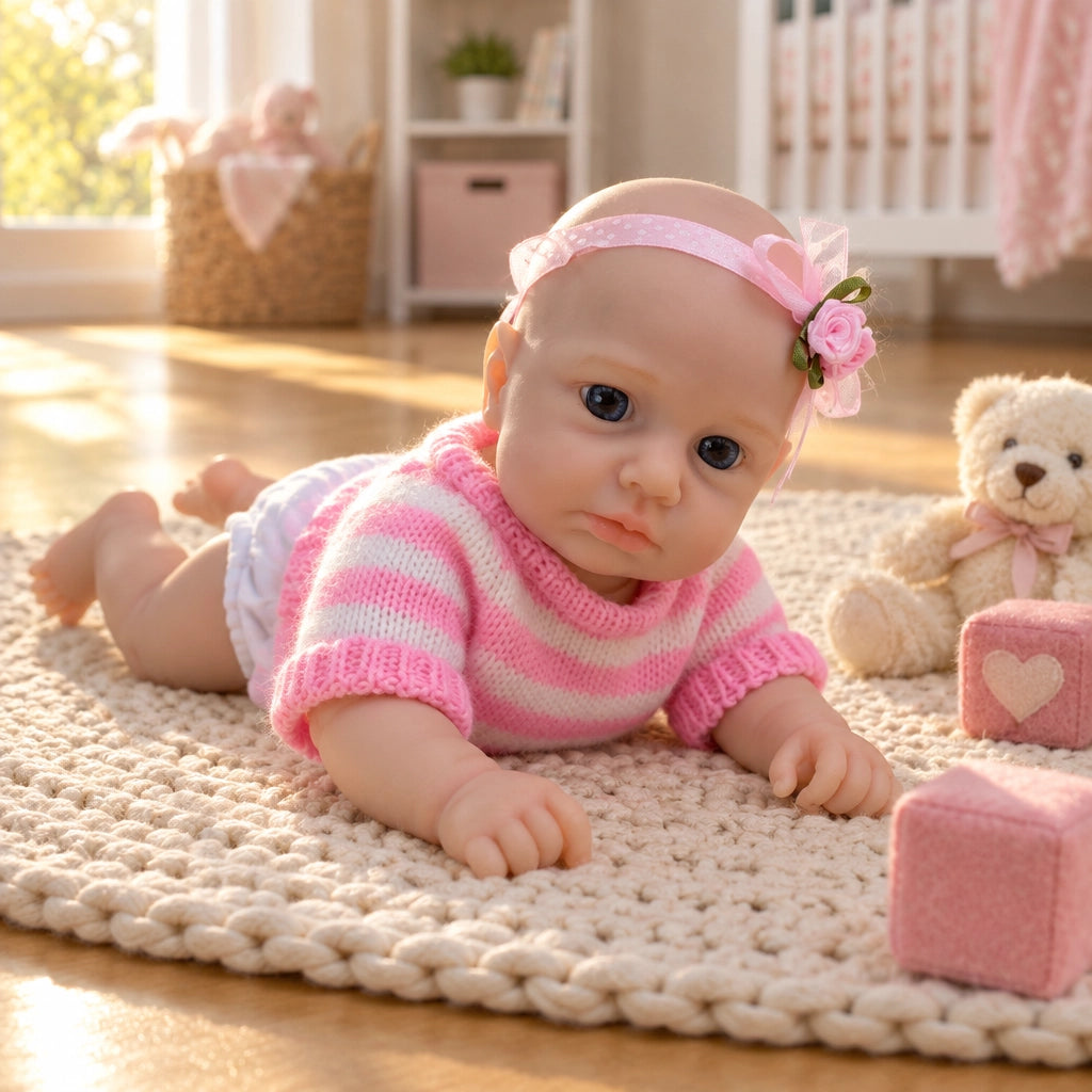[Ships Within 48 Hours] Lulu 8" Full Solid Silicone Reborn Baby Doll, Stretchable Limbs, Pink Striped Knit Outfit Included