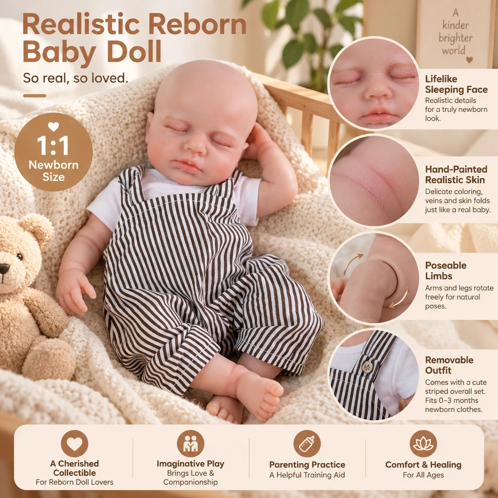 Ollie – Full Body Silicone Reborn Baby Doll 12" Sleeping Bald Realistic Newborn for Gift Collectible [Ships Within 48 Hours]