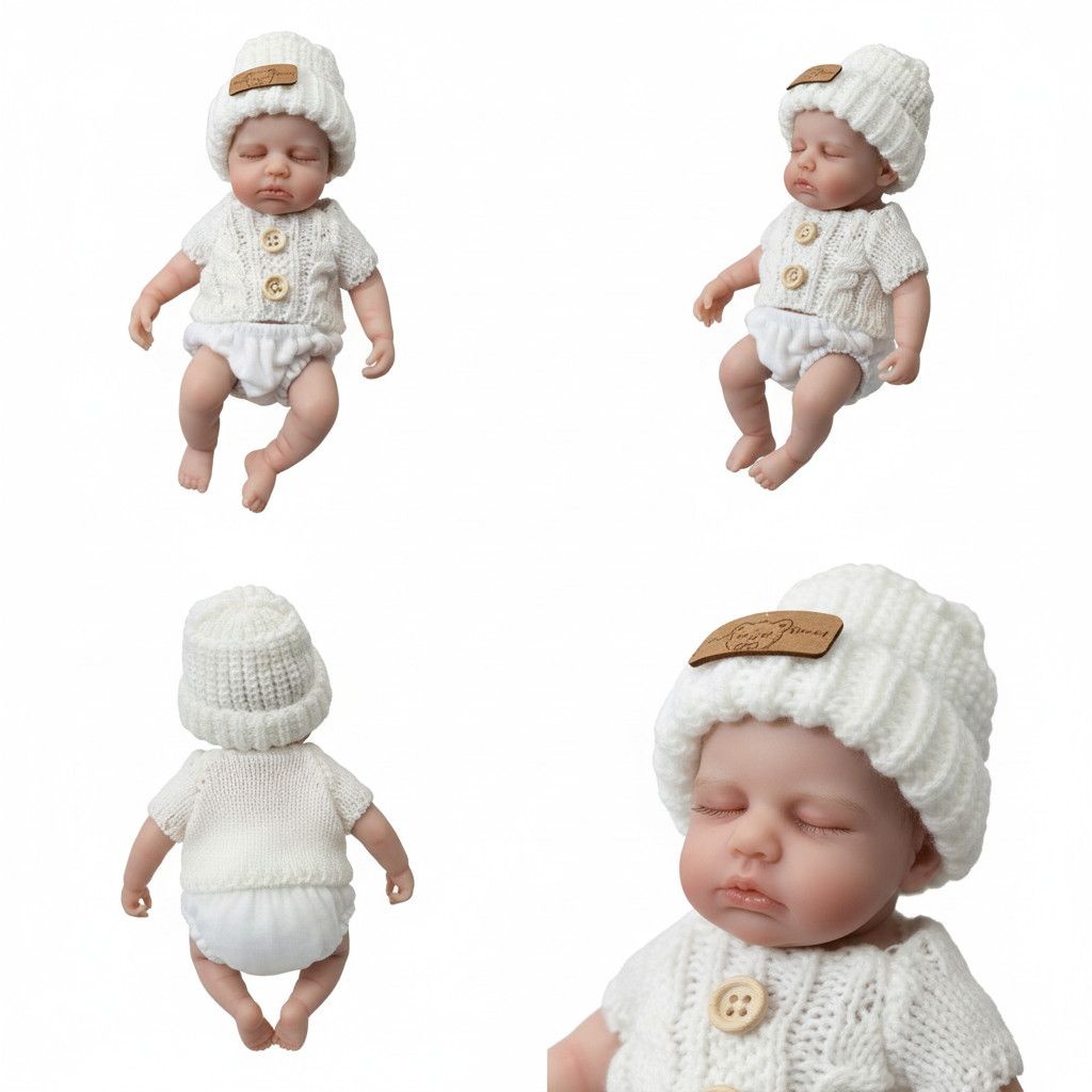 Oliver James 20cm Mini Full Solid Silicone Reborn Baby Doll Washable, Stretchable Limbs, Closed Eyes Sleeping Newborn, White Knit Outfit Included