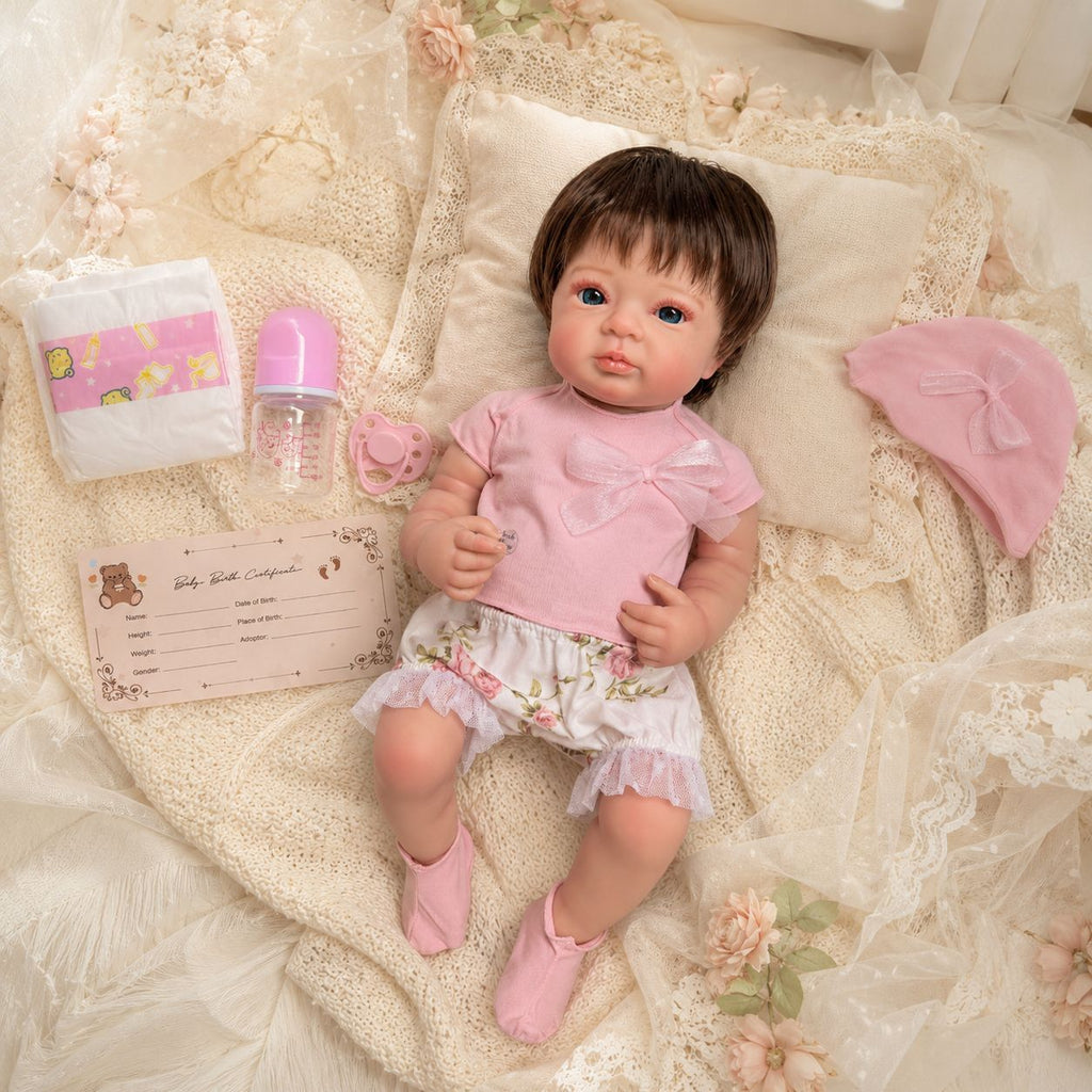 Lily – Reborn Baby Girl Doll 18" Open Eyes Blue Eyes Brown Hair Weighted Realistic Lifelike Gift [Ships Within 48 Hours]