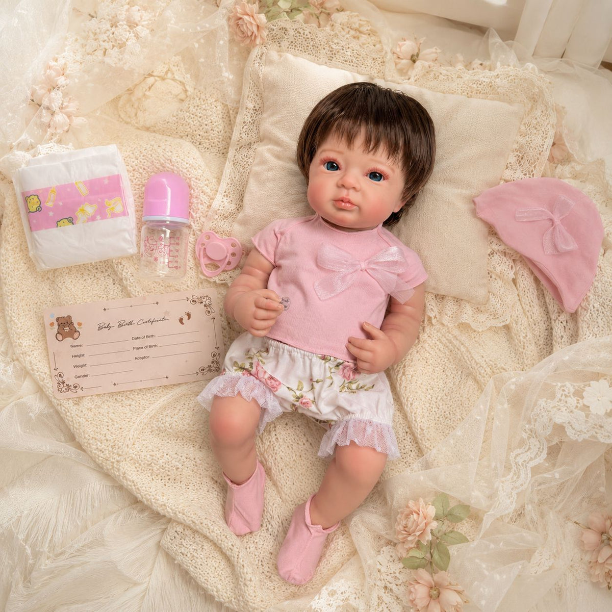 Lily – Reborn Baby Girl Doll 18" Open Eyes Blue Eyes Brown Hair Weighted Realistic Lifelike Gift [Ships Within 48 Hours]