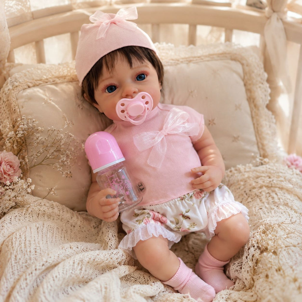 Lily – Reborn Baby Girl Doll 18" Open Eyes Blue Eyes Brown Hair Weighted Realistic Lifelike Gift [Ships Within 48 Hours]