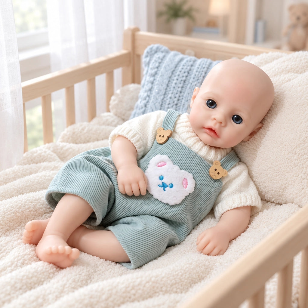Teddy – Full Body Solid Silicone Reborn Baby Doll 13" Open Eyes Blue Eyes Bald Weighted Realistic Gender Neutral Newborn Collectible Gift [Ships Within 48 Hours]