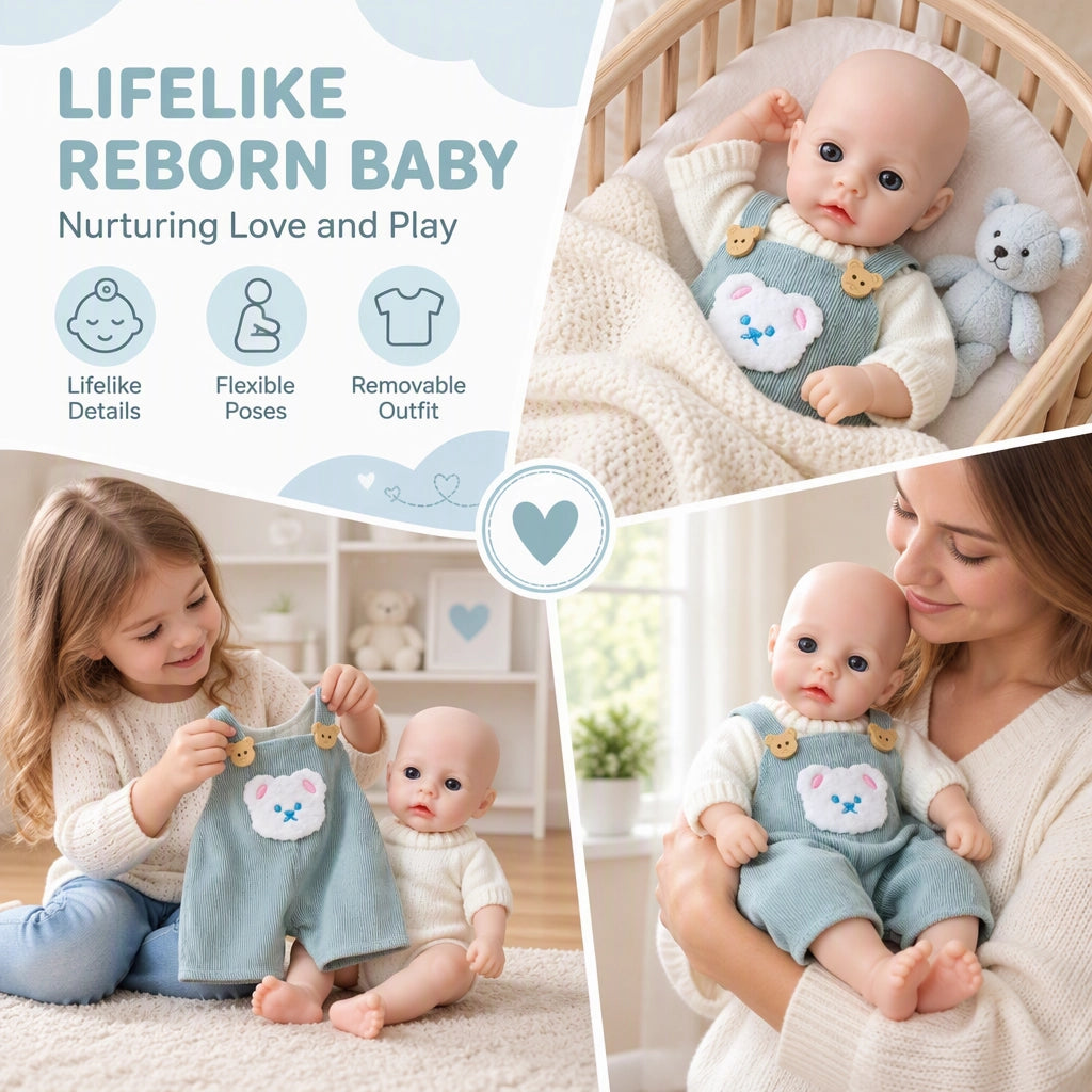 Teddy – Full Body Solid Silicone Reborn Baby Doll 13" Open Eyes Blue Eyes Bald Weighted Realistic Gender Neutral Newborn Collectible Gift [Ships Within 48 Hours]