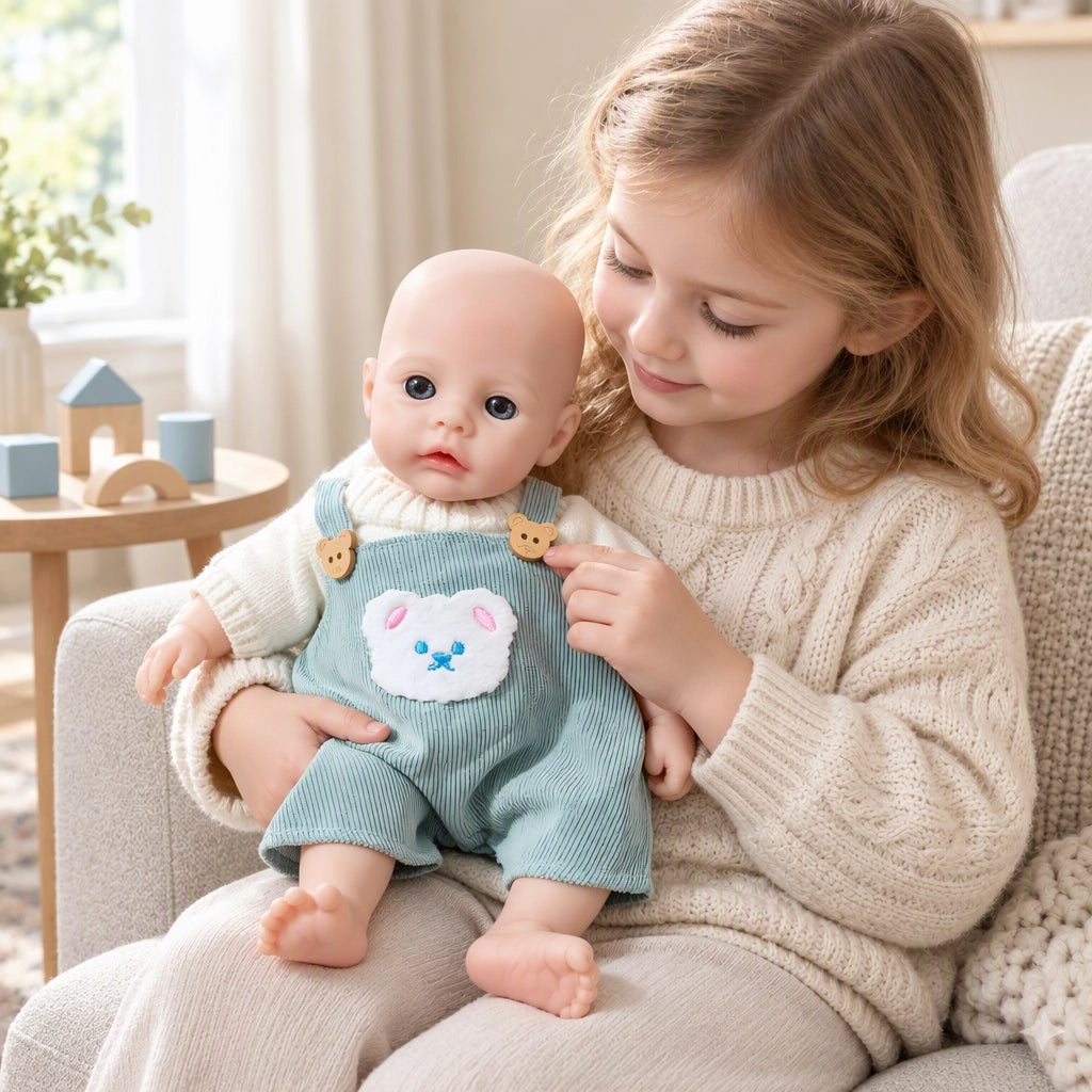 Teddy – Full Body Solid Silicone Reborn Baby Doll 13" Open Eyes Blue Eyes Bald Weighted Realistic Gender Neutral Newborn Collectible Gift [Ships Within 48 Hours]