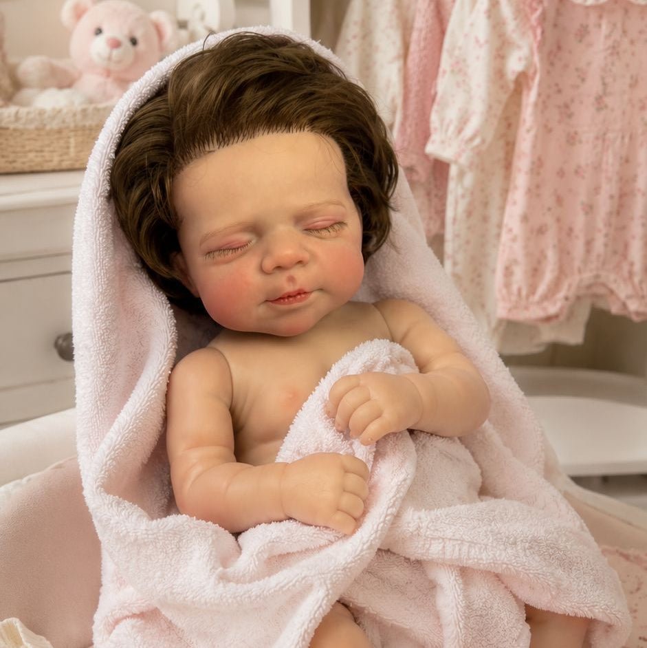 Hazel – Full Body Vinyl Reborn Baby Girl Doll 18" Sleeping Brown Hair Weighted Realistic Lifelike Newborn Gift [Ships Within 48 Hours]