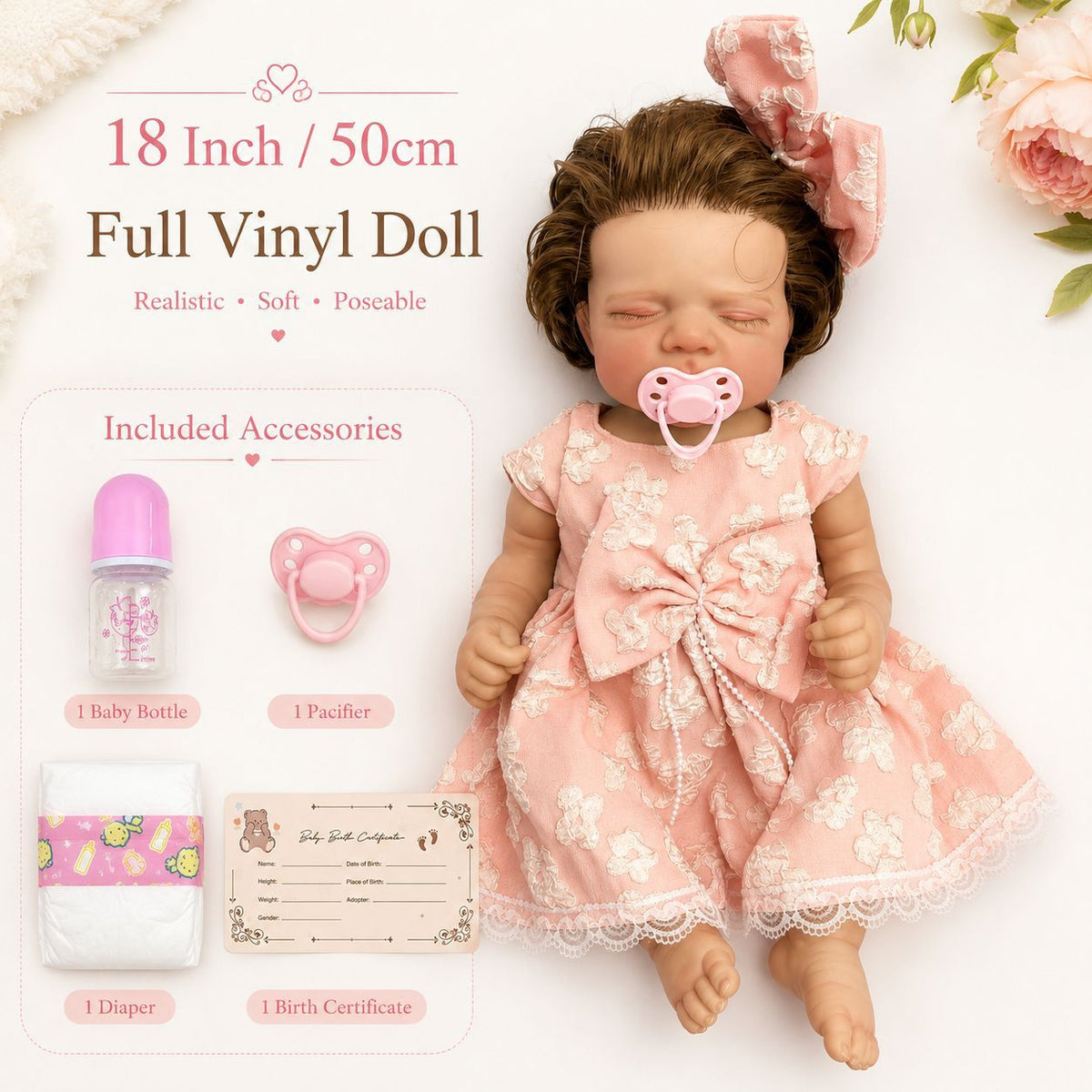 Hazel – Full Body Vinyl Reborn Baby Girl Doll 18" Sleeping Brown Hair Weighted Realistic Lifelike Newborn Gift [Ships Within 48 Hours]