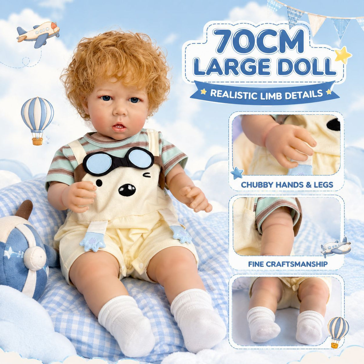 Charlie – Reborn Baby Boy Doll 26" Open Eyes Blonde Curl Hair Weighted Realistic Lifelike Toddler Gift for Kids & Collectors [Ships Within 48 Hours]
