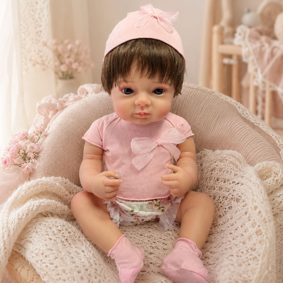 Lily – Reborn Baby Girl Doll 18" Open Eyes Blue Eyes Brown Hair Weighted Realistic Lifelike Gift [Ships Within 48 Hours]
