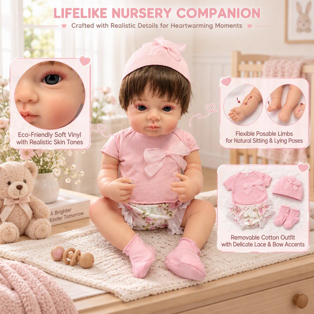 Lily – Reborn Baby Girl Doll 18" Open Eyes Blue Eyes Brown Hair Weighted Realistic Lifelike Gift [Ships Within 48 Hours]