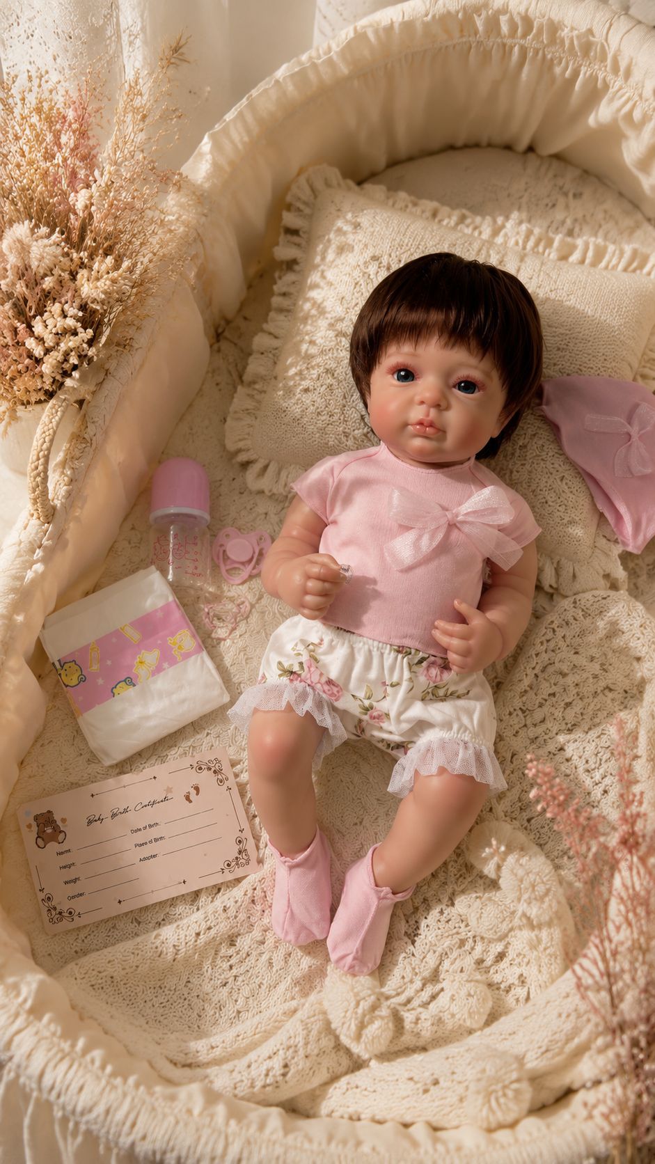 Lily – Reborn Baby Girl Doll 18" Open Eyes Blue Eyes Brown Hair Weighted Realistic Lifelike Gift [Ships Within 48 Hours]