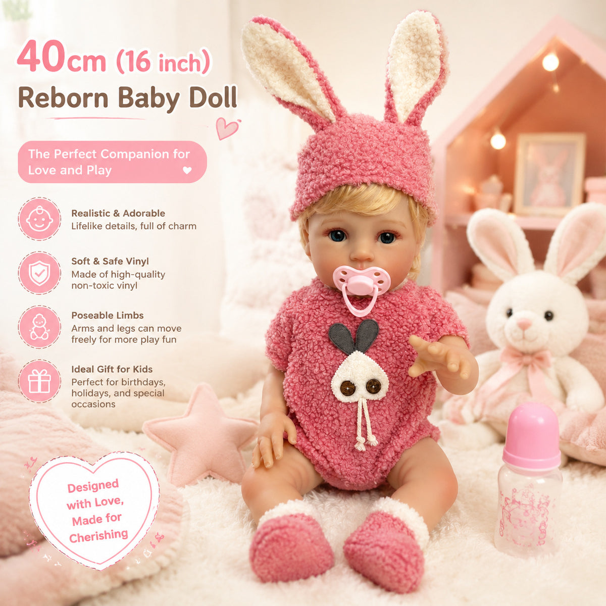 Lily – Reborn Baby Girl Doll 18" Open Eyes Blue Eyes Brown Hair Weighted Realistic Lifelike Gift [Ships Within 48 Hours]