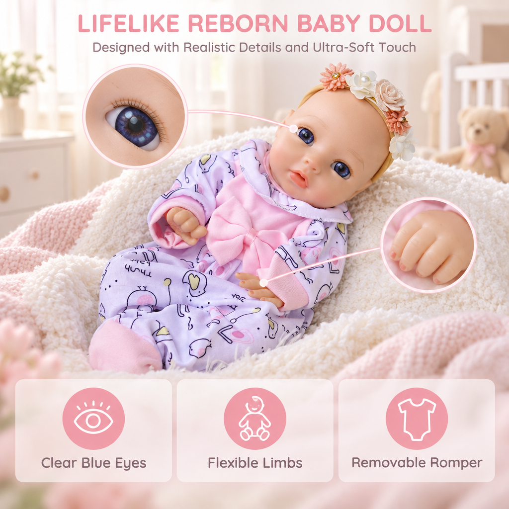 Flora – Realistic Body Silicone Reborn Baby Girl Doll 13" Open Eyes Blue Eyes Gift for Kids & Collectors [Ships Within 48 Hours]
