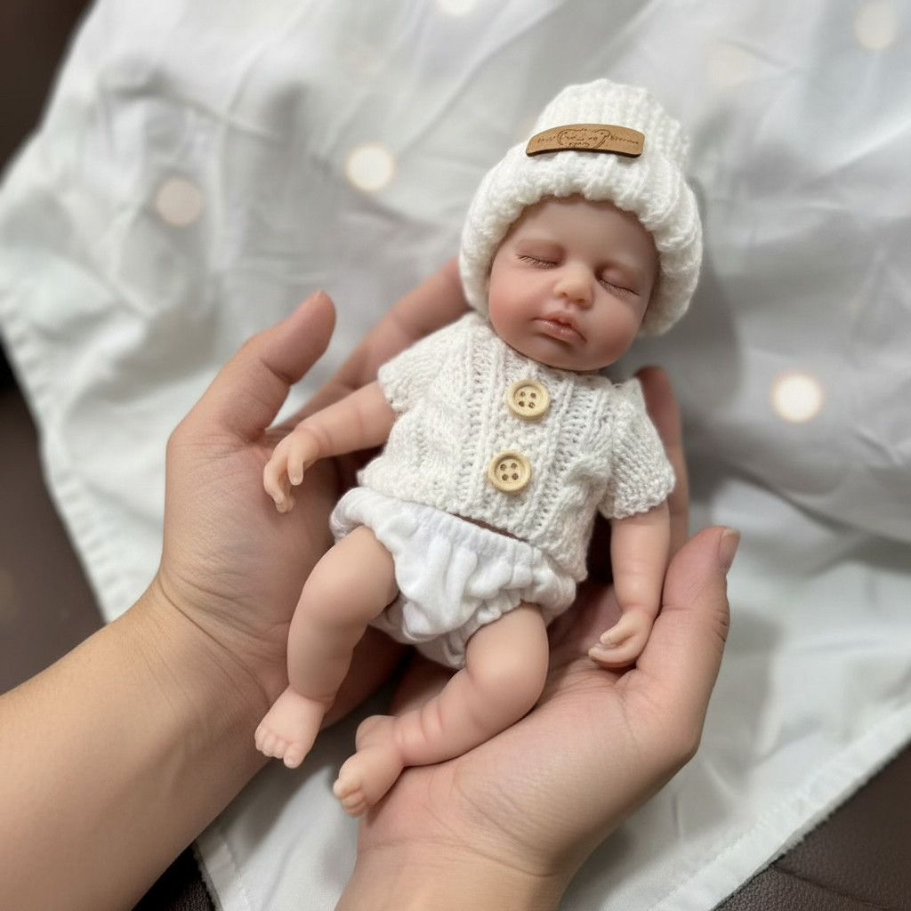 Oliver James 20cm Mini Full Solid Silicone Reborn Baby Doll Washable, Stretchable Limbs, Closed Eyes Sleeping Newborn, White Knit Outfit Included