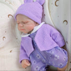 Lavender Bloom 12" Full Solid Silicone Open-Mouth Sleeping Reborn Baby Doll ✨ Stretchable Limbs, Washable, Purple Floral Knit Outfit Included