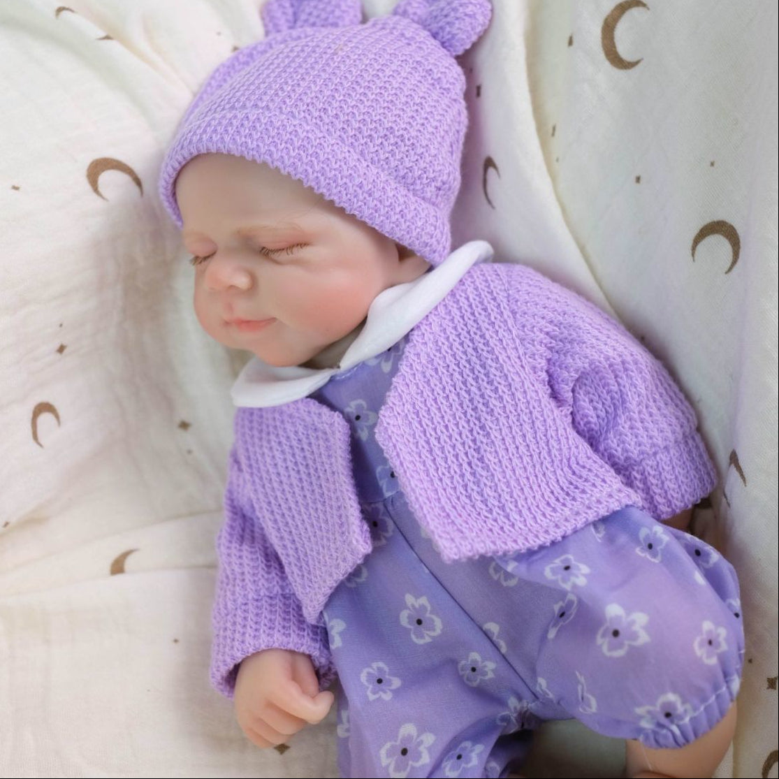 Lavender Bloom 12" Full Solid Silicone Open-Mouth Sleeping Reborn Baby Doll ✨ Stretchable Limbs, Washable, Purple Floral Knit Outfit Included
