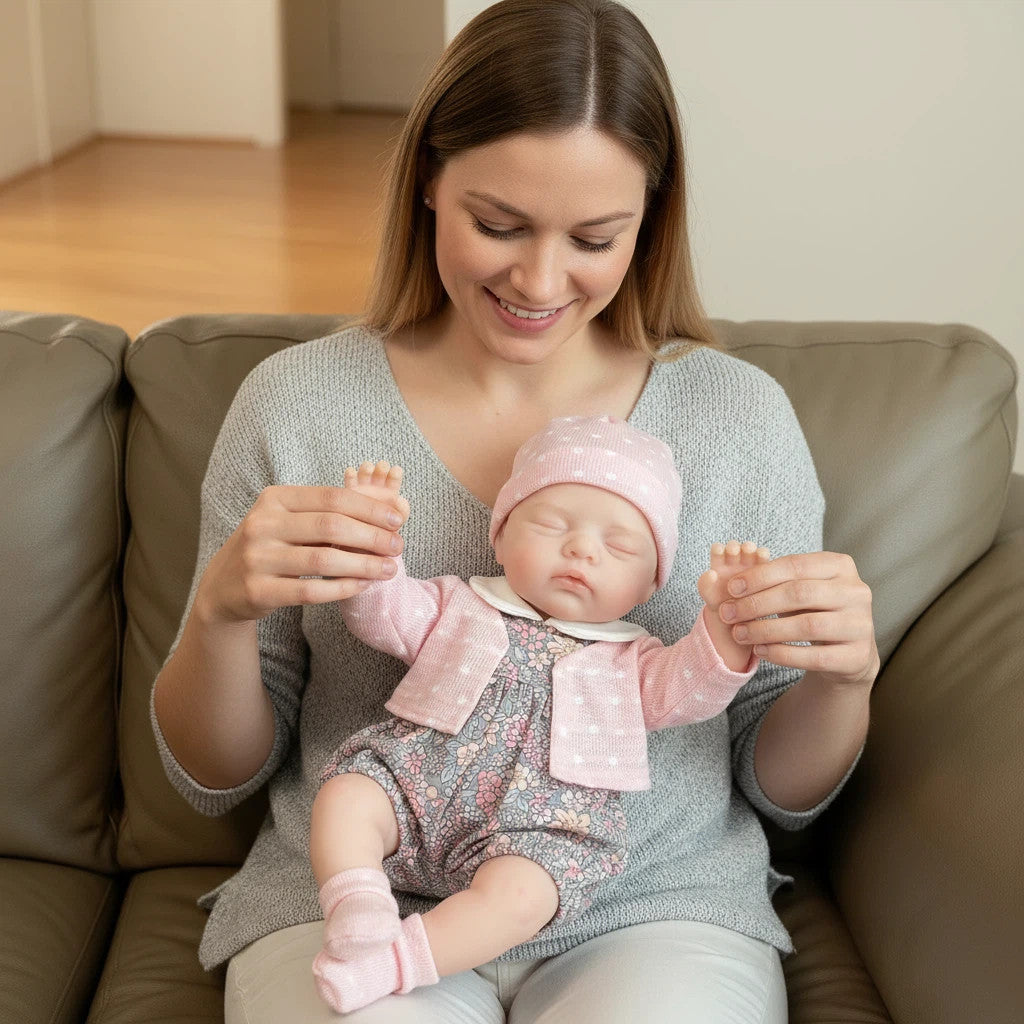 Lily Anne 12" Full Solid Silicone Open-Eye Reborn Baby Doll, Pink Floral Romper Outfit Included