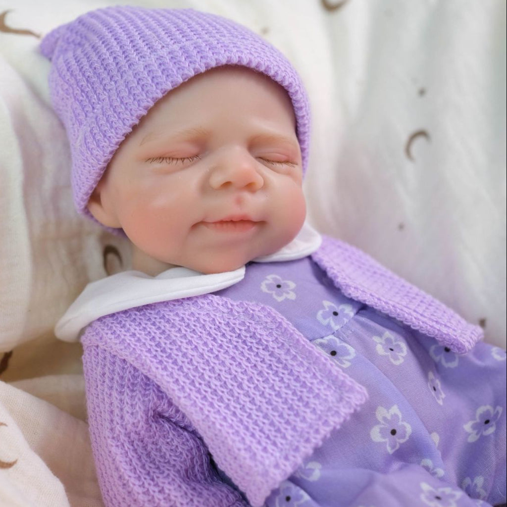 Lavender Bloom 12" Full Solid Silicone Open-Mouth Sleeping Reborn Baby Doll ✨ Stretchable Limbs, Washable, Purple Floral Knit Outfit Included