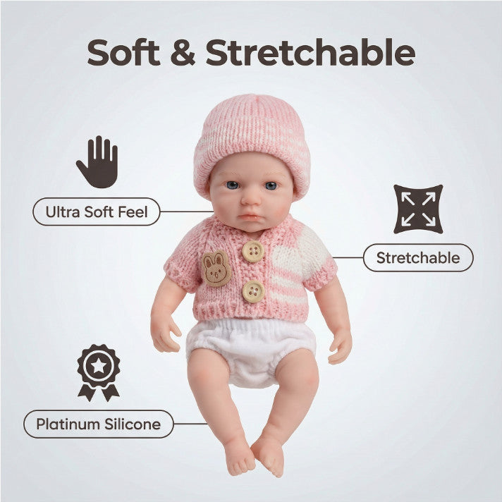 Luna Belle 20cm Full Solid Silicone Reborn Baby Doll ✨ Stretchable Limbs, Taiwan Acrylic Eyes, Pink Bunny Knit Outfit Included