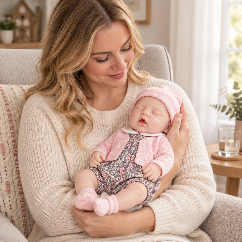 Anne 12" Full Solid Silicone Open-Eye Reborn Baby Doll, Pink Floral Romper Outfit Included [Ships Within 48 Hours]