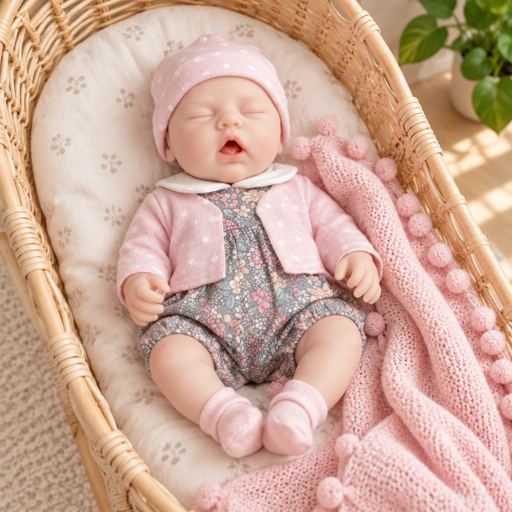 Anne 12" Full Solid Silicone Open-Eye Reborn Baby Doll, Pink Floral Romper Outfit Included [Ships Within 48 Hours]