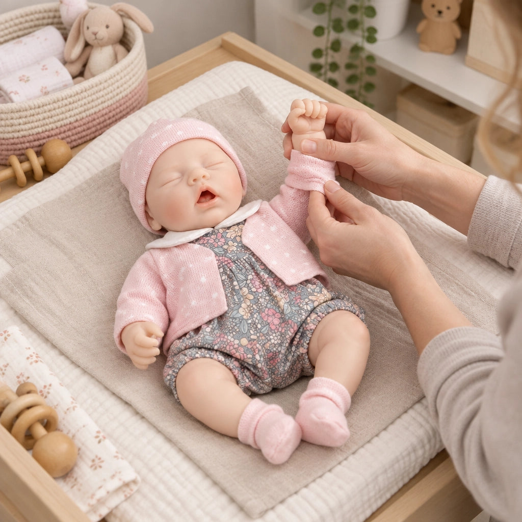 Anne 12" Full Solid Silicone Open-Eye Reborn Baby Doll, Pink Floral Romper Outfit Included [Ships Within 48 Hours]