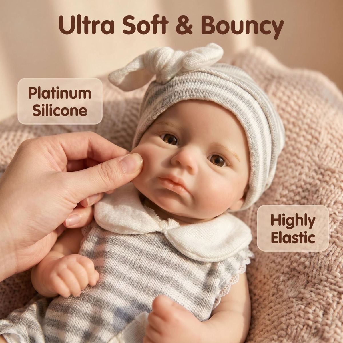 Willow Grace 12" Ultra Soft Platinum Silicone Reborn Baby Doll ✨ Bouncy Stretchable Limbs, Cute Striped Bunny Outfit Included