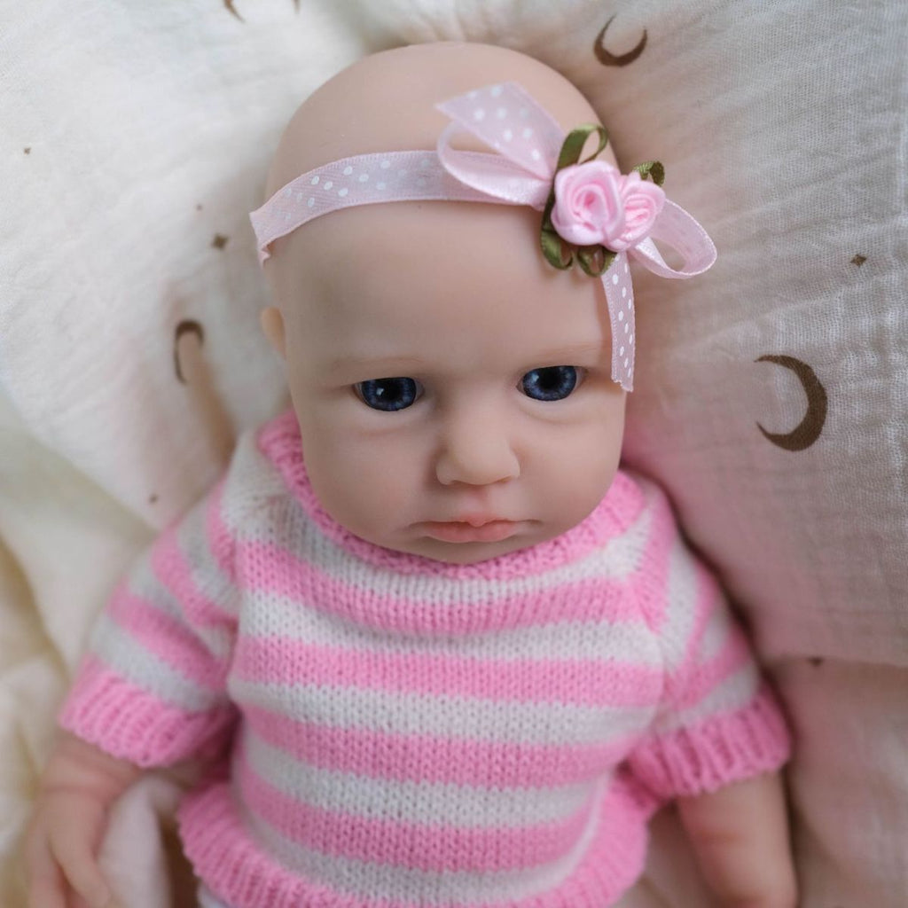 Lulu May 20cm Full Solid Silicone Reborn Baby Doll, Stretchable Limbs, Pink Striped Knit Outfit Included